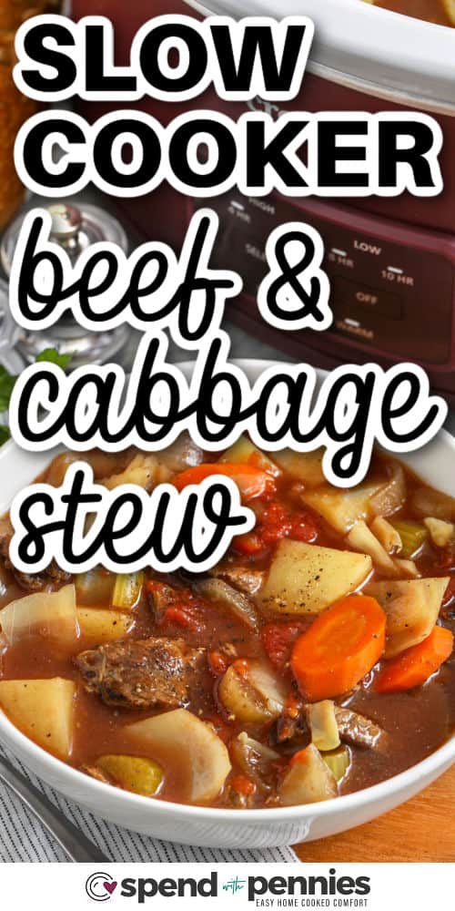 bowl of Slow Cooker Beef and Cabbage Stew with writing