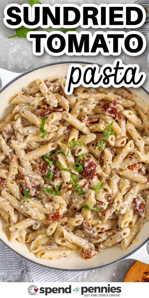 Make sun dried tomato pasta on rushed weeknights when you need a quick dinner. Garlic cooks briefly in the reserved tomato oil to build flavor, then half-and-half creates a creamy sauce with Parmesan cheese. Toss with penne, and adjust with pasta water until the sauce is smooth. Add spinach to wilt at the end or stir in chicken or grilled salmon for a heartier meal. #spendwithpennies top view of sun dried tomato pasta with basil chiffonade and a title