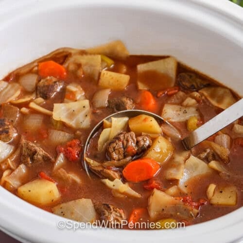 close up of Slow Cooker Beef and Cabbage Stew