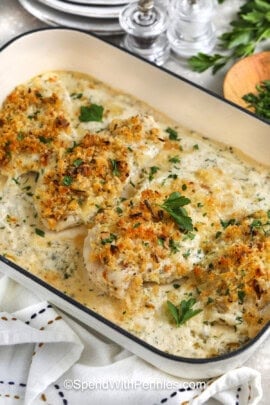 crunchy Sour Cream Chicken cooked in a casserole dish