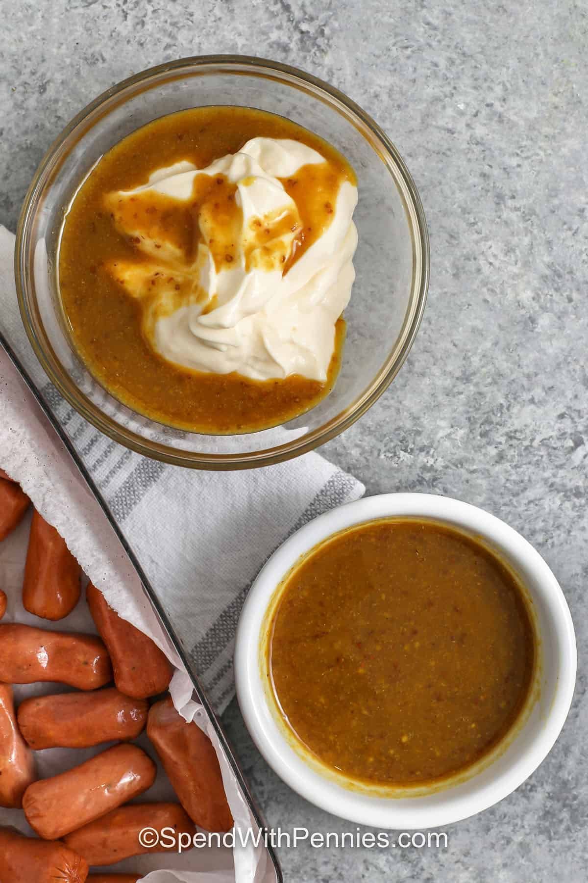 adding ingredients together to make honey mustard sauce for Sticky Honey Mustard Sausage