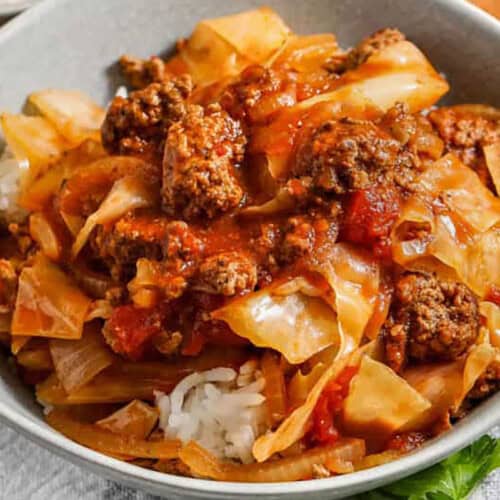 close up of a bowl with Ground Beef and Cabbage