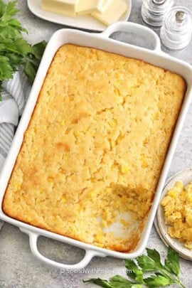 casserole dish of Corn Casserole with a potion taken out