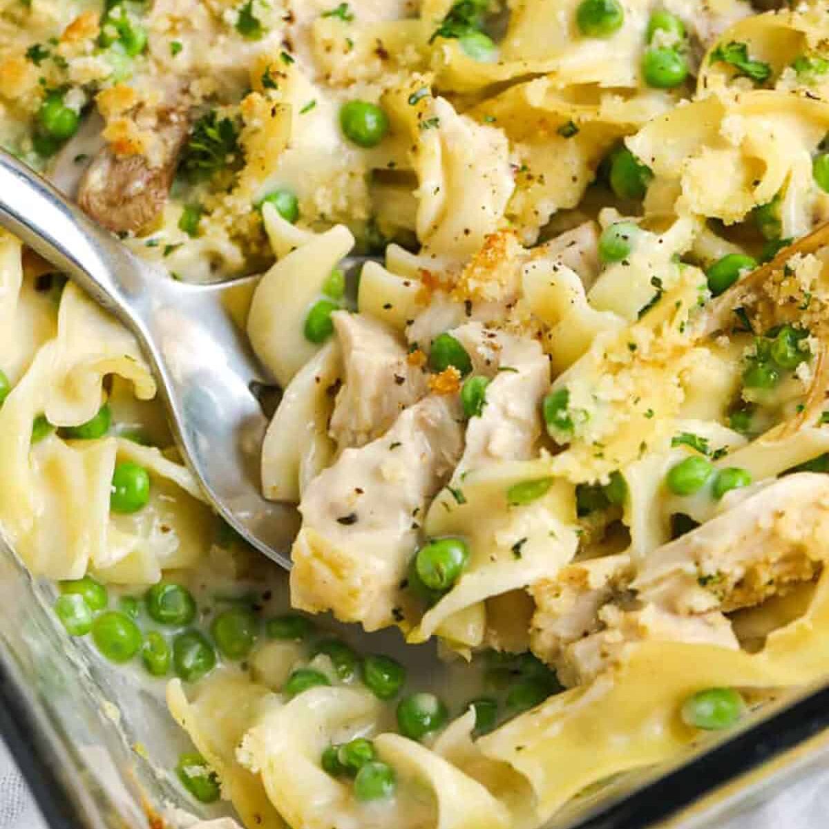 Easy Chicken Noodle Casserole in a casserole dish