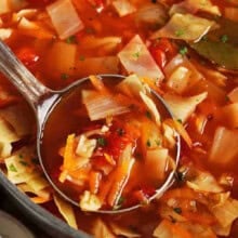 Quick Cabbage Soup in pot with a paddle