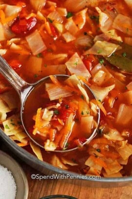 Quick Cabbage Soup in pot with a paddle