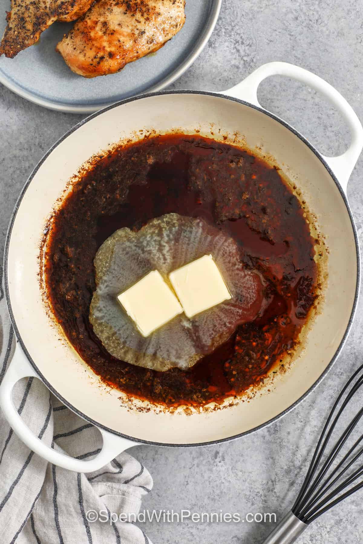 If you love simple dinners, this skillet balsamic chicken recipe delivers big flavor with minimal cleanup. Chicken breasts cook quickly, then finish in a honey-balsamic sauce that thickens into a glossy glaze. Butter gives the sauce a smooth texture that coats the chicken beautifully. Serve with roasted veggies or potatoes for a comforting, balanced plate that feels a little fancy. #spendwithpennies adding butter to pan to make Balsamic Chicken