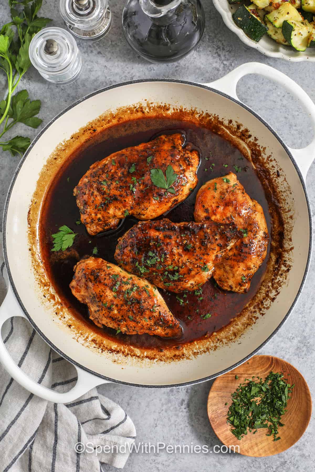 This easy balsamic chicken recipe uses pantry balsamic vinegar and honey to create a shiny, flavorful glaze in minutes. Searing first builds rich flavor, and the covered simmer keeps chicken breasts tender while the sauce reduces. Whisk in butter at the end for a smooth, restaurant-style pan sauce. It is a great meal-prep option and reheats well with a splash of water. #spendwithpennies Balsamic Chicken in a pan