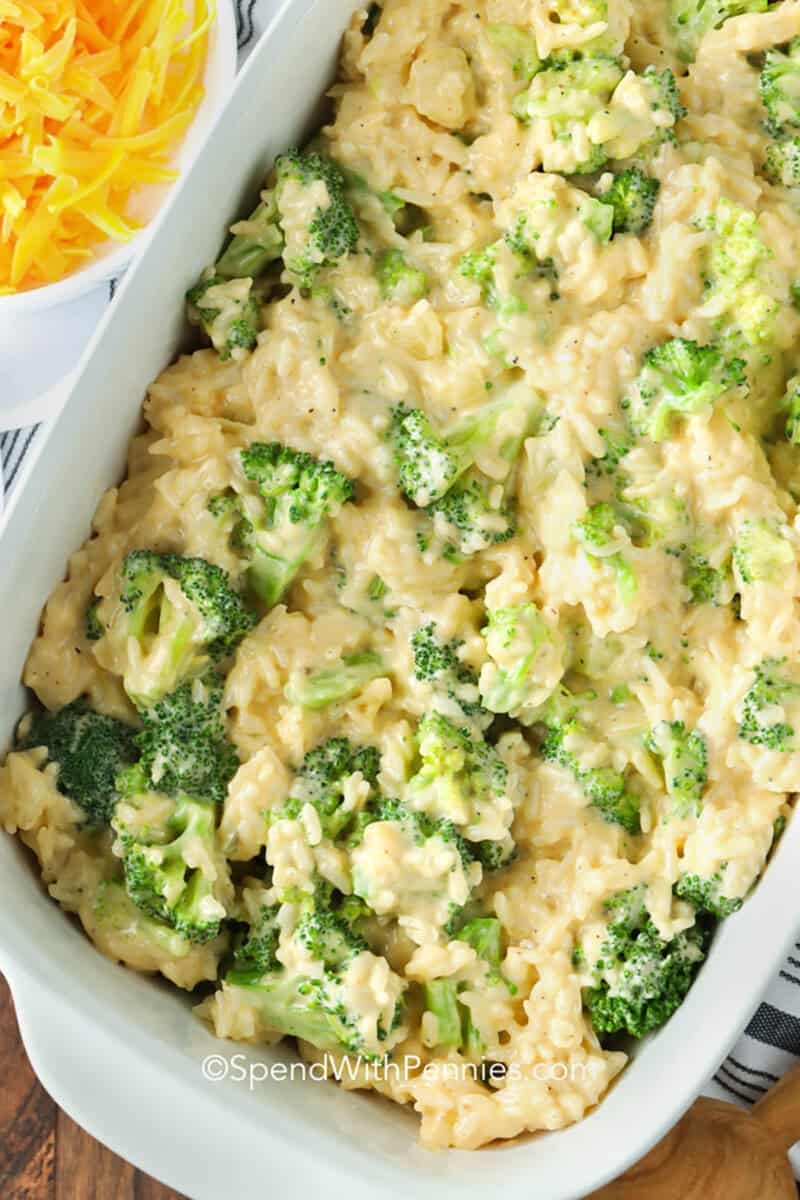 ingredients in dish to make Broccoli Rice Casserole from Scratch
