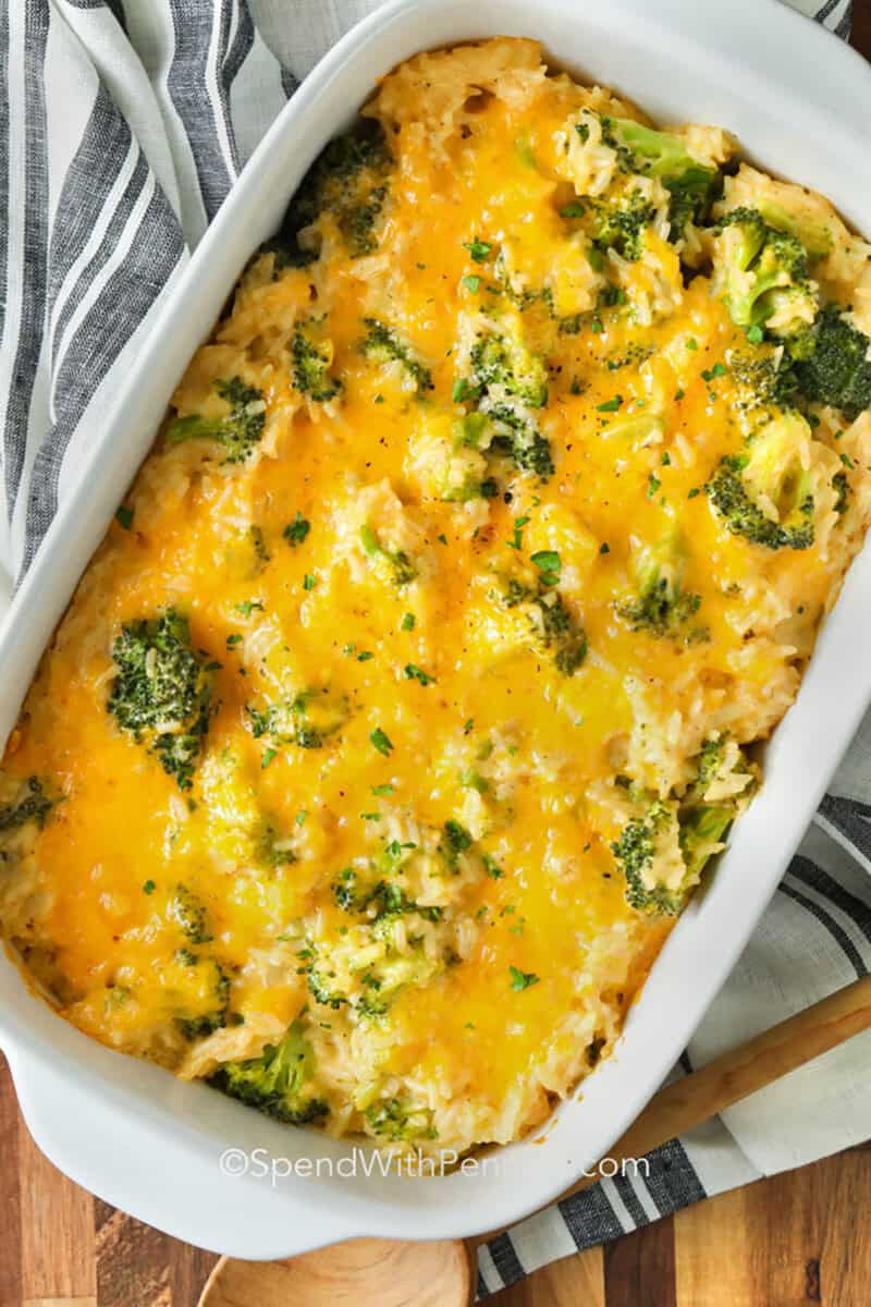 dish of cheesy Broccoli Rice Casserole from Scratch