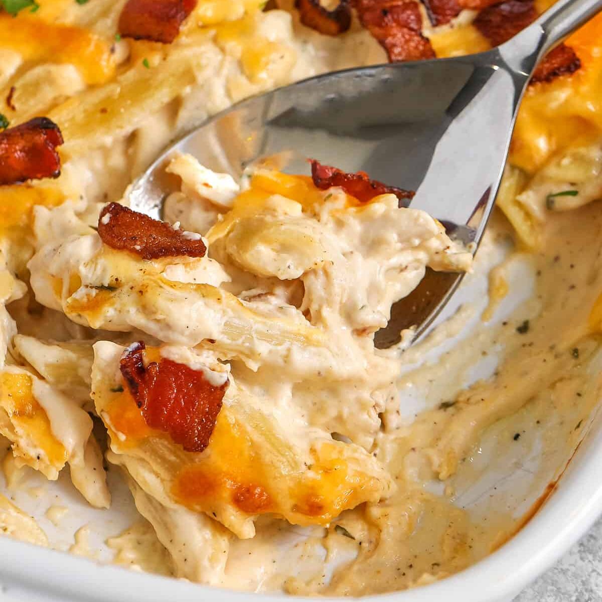 close up of Chicken Bacon Ranch Casserole