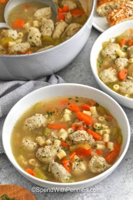 Chicken Meatball Soup in the pot and in bowls