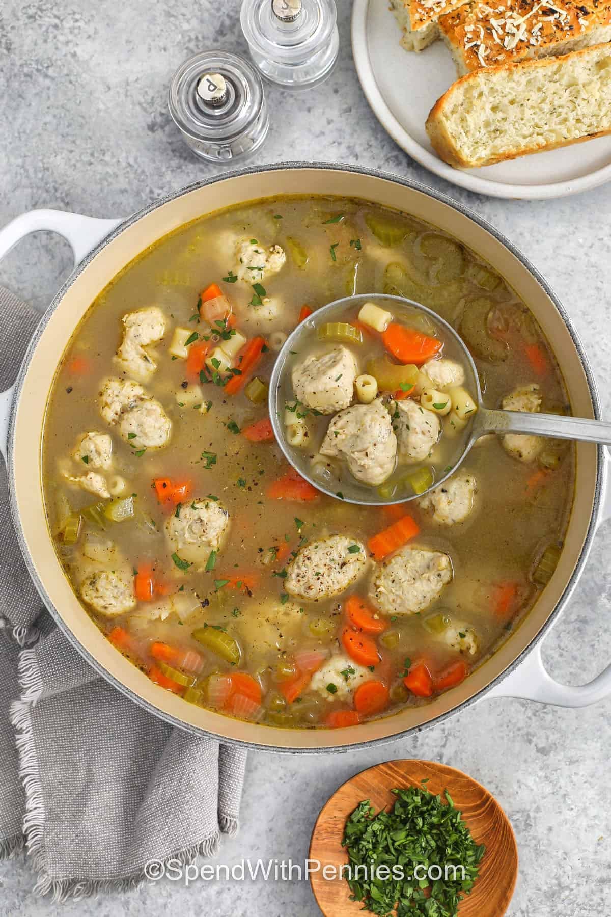 top view of Chicken Meatball Soup in a pot