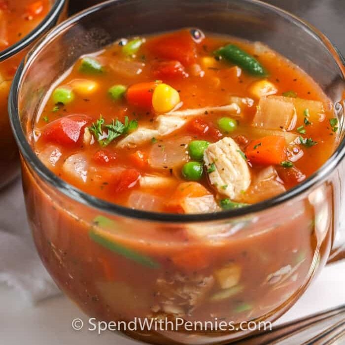 close up of a bowl of chicken vegetable soup