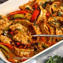 blue casseole dish filled with Dumpling Bake