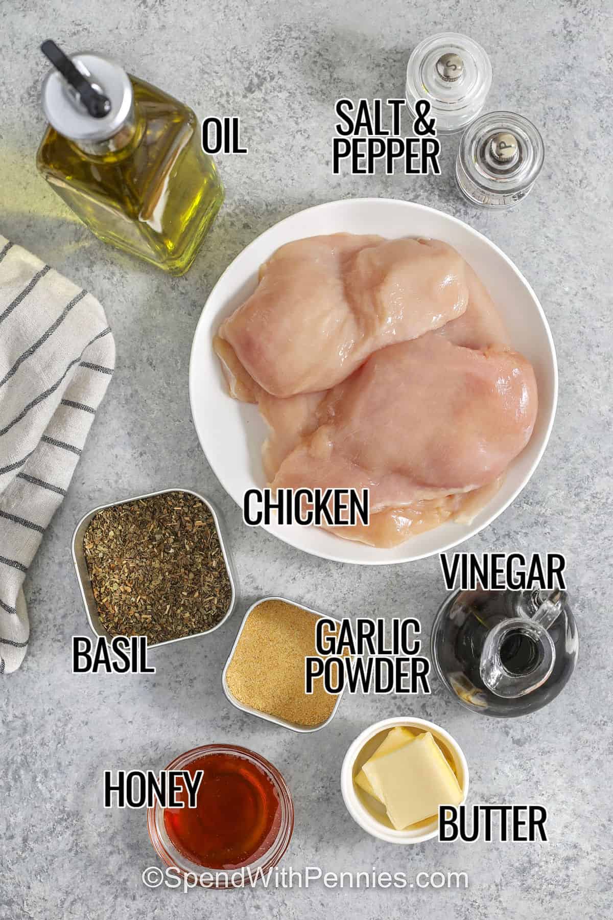 Cook this honey balsamic chicken recipe when you want fast comfort food with a bright, flavorful sauce. The chicken is seasoned and browned in a skillet, then gently simmered with balsamic vinegar and honey until cooked through. Butter makes the sauce smooth and shiny, perfect for drizzling over chicken and sides. It is freezer-friendly and ideal for meal-prep lunches. #spendwithpennies chicken , oil , basil , garlic powder , honey , butter , vinegar , salt and pepper with labels to make Balsamic Chicken