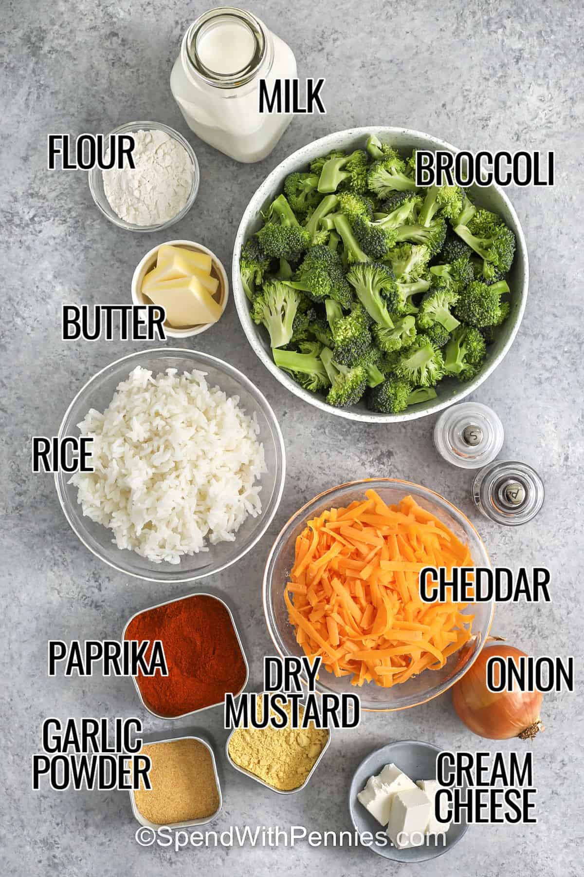 milk , flour , butter , broccoli , cheddar , onion , cream cheese , dry mustard , garlic powder , paprika, rice with labels to make Broccoli Rice Casserole from Scratch