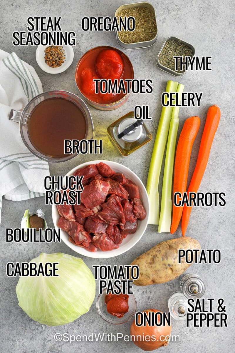 This beef and cabbage stew is an easy slow cooker dinner that takes the stress out of mealtime. Simply add cubed beef, cabbage, potatoes, carrots, and celery to the crockpot, then pour in tomatoes and beef broth to form a rich base. As it cooks, the cabbage turns tender and slightly sweet while the beef becomes fall-apart tender. It’s perfect for meal prep and tastes even better the next day. #spendwithpennies Ingredients to make Slow cooker beef and cabbage stew labeled: chuck roast, steak seasoning, olive oil, onion, potato, celery, carrots, cabbage, beef broth, tomatoes, bouillon cube, tomato paste, oregano, thyme, and salt & Pepper