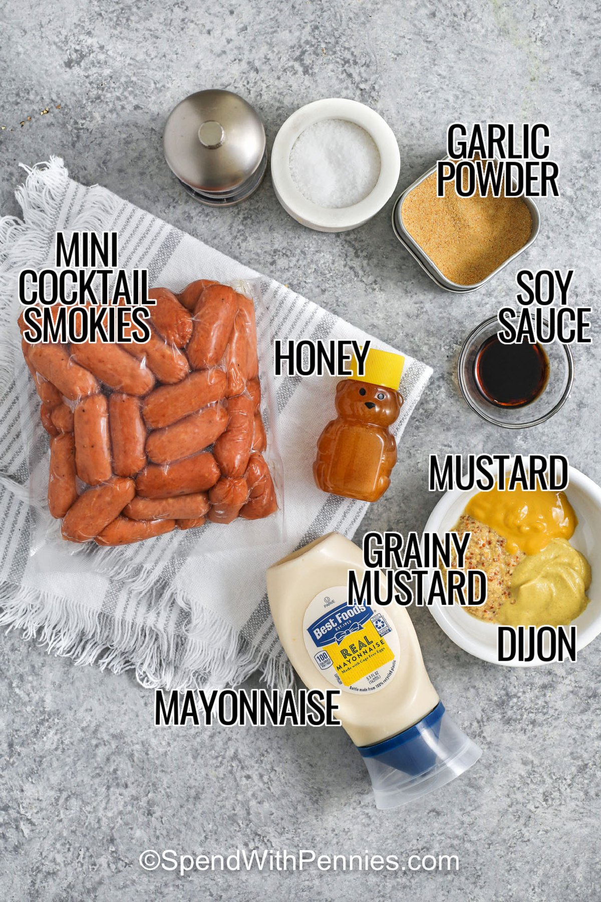 Ingredients to make Sticky Honey Mustard Sausages labeled: garlic powder, soy sauce, mustard, grainy mustard, Dijon, honey, mayonnaise, and mini cocktail smokies