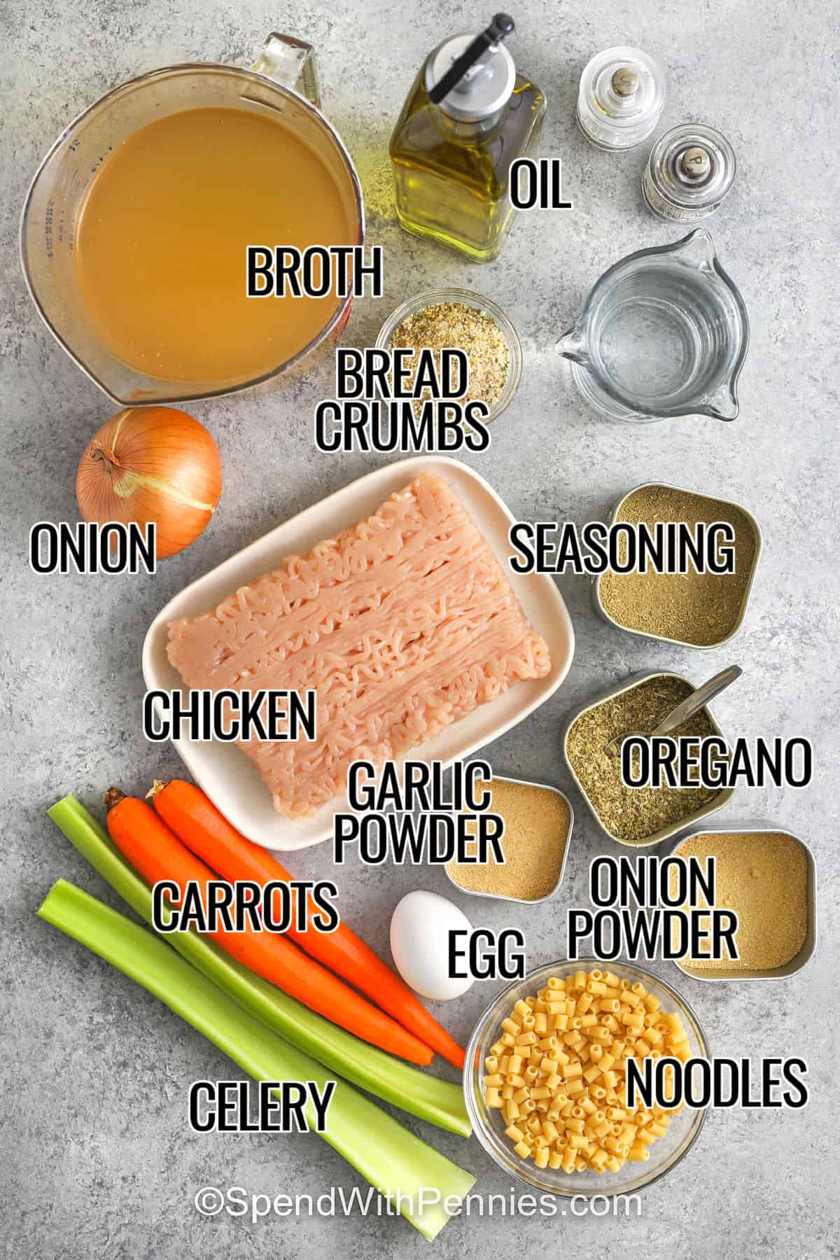 broth , oil , bread crumbs , onion , seasoning , garlic powder , oregano , onion powder , egg , chicken , carrots , celery , noodles , egg with labels to make Chicken Meatball Soup