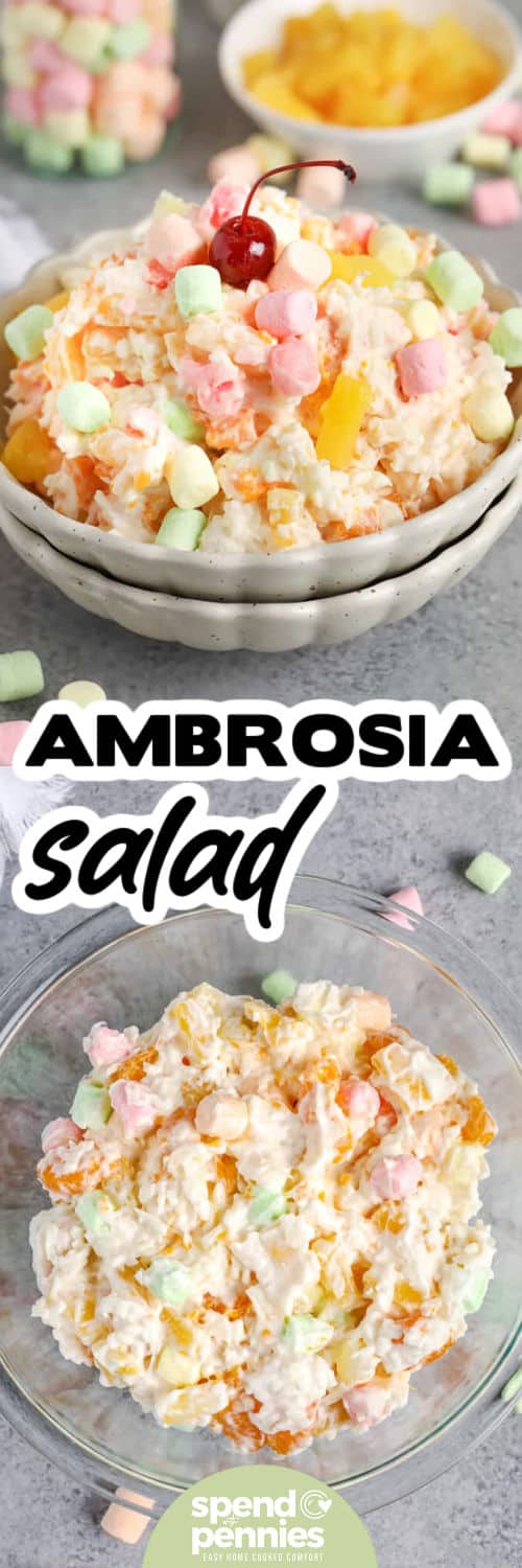 This ambrosia salad recipe is a no-bake, creamy marshmallow fruit salad that belongs on every holiday table. Sour cream gives a classic tang that’s sweetened by coconut and marshmallows, plus pineapple and mandarins for tropical flavor. Chill time matters, so plan ahead and let it set until thick and scoopable. Serve cold for the fluffiest texture and cleanest scoops. #spendwithpennies Ambrosia Salad in a bowl and plated with a title