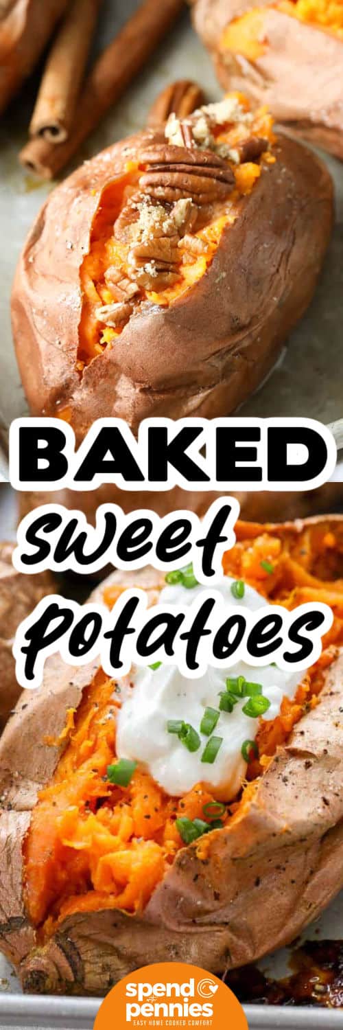 Baked Sweet Potatoes with pecans and bottom photo of potatoes with sour cream and green onions with a title