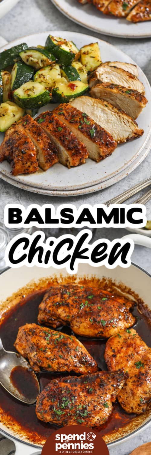 If you love simple dinners, this skillet balsamic chicken recipe delivers big flavor with minimal cleanup. Chicken breasts cook quickly, then finish in a honey-balsamic sauce that thickens into a glossy glaze. Butter gives the sauce a smooth texture that coats the chicken beautifully. Serve with roasted veggies or potatoes for a comforting, balanced plate that feels a little fancy. #spendwithpennies Balsamic Chicken in the pan and plated with a title