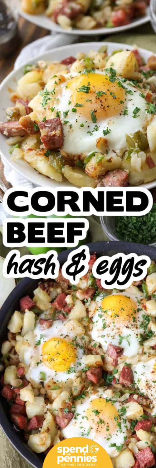 Turn leftover corned beef into a meal everyone looks forward to with this corned beef hash recipe. Butter helps the potatoes brown and adds rich flavor, while onion and bell pepper keep the hash balanced and savory. Make four wells and crack in eggs, then bake until the whites are set. Corned beef hash and eggs is great for weekend brunch, breakfast for dinner, and meal prep when you want easy reheats. #spendwithpennies Corned Beef Hash in the pan and plated with a title