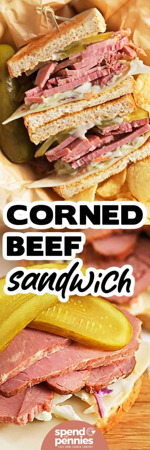 Corned Beef Sandwich with chips and bottom close up photo with a title