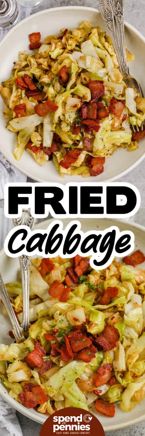 Fried Cabbage with bacon in a bowl and close up photo with a title