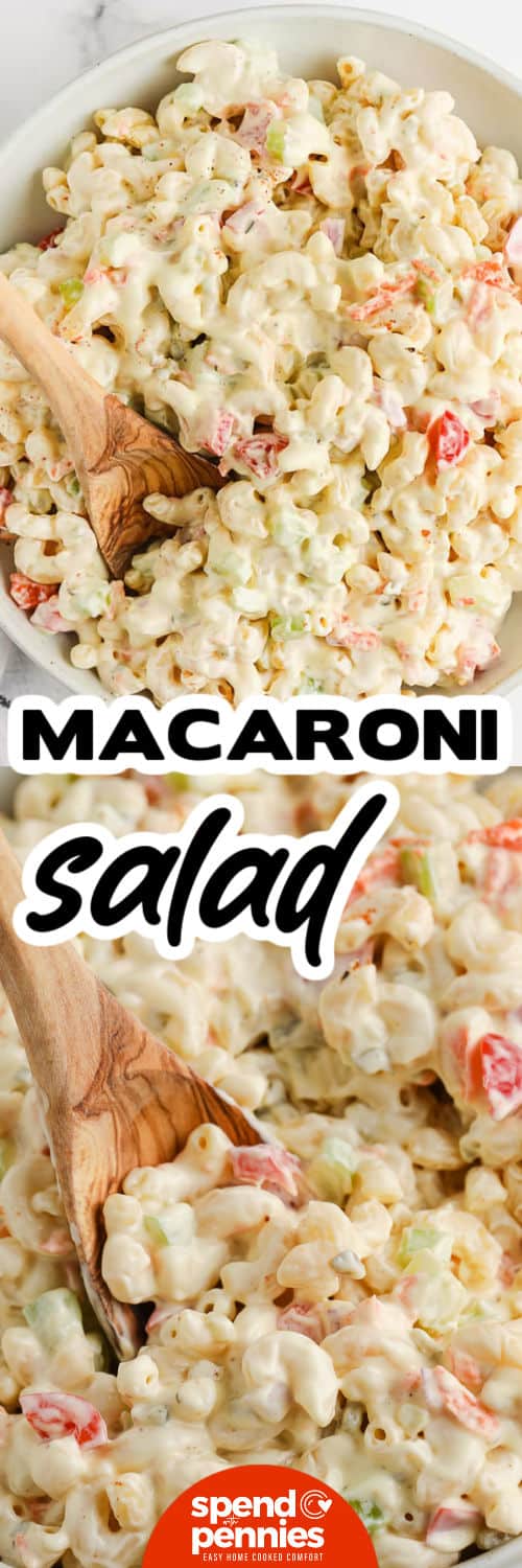 Macaroni Salad in a bowl and bottom photo close up with a title