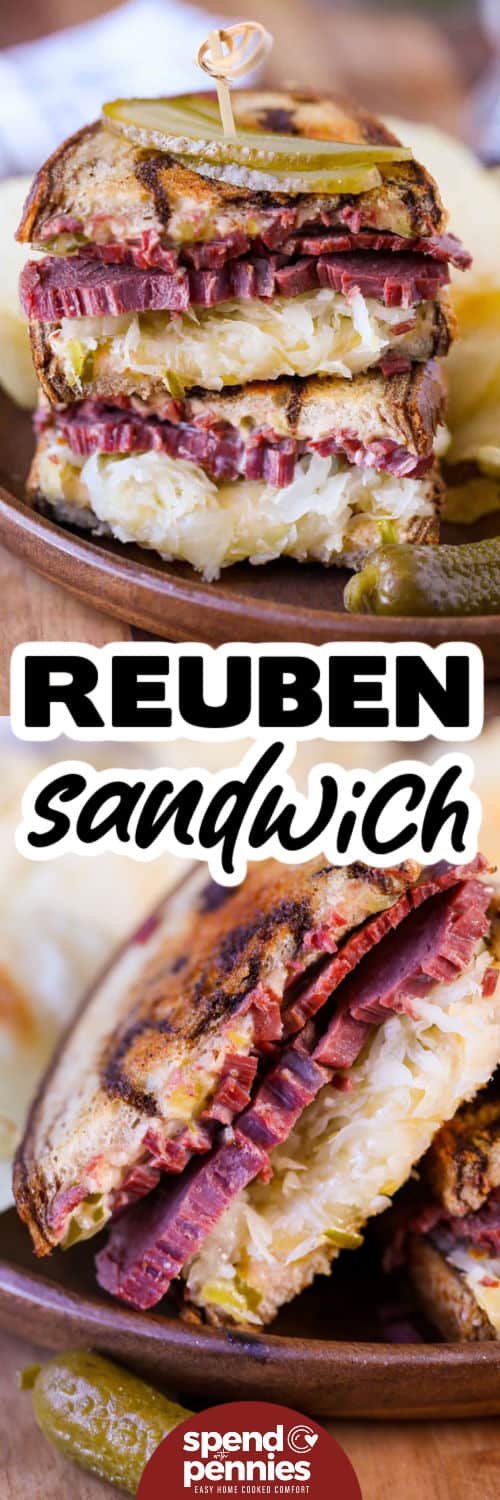 plated Reuben Sandwich and close up photo with a title