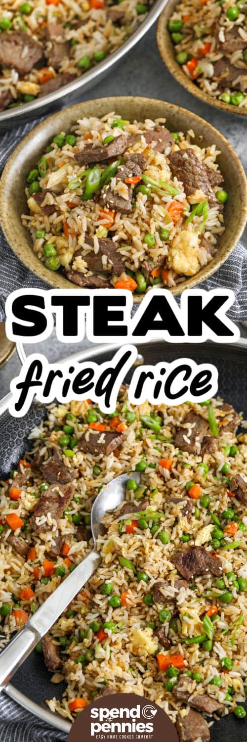 Steak Fried Rice in the pot and plated with a title