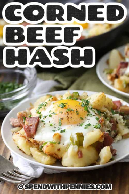 This easy corned beef hash with potatoes and peppers is made for busy days. Boil diced russets until tender, drain well, then pan-fry with butter, onion, corned beef, and green pepper until crisp. Add eggs and bake in the oven for a simple corned beef hash and eggs skillet. The result is hearty, salty-savory, and full of crispy edges. Serve immediately for the best texture. #spendwithpennies Corned Beef Hash with a title