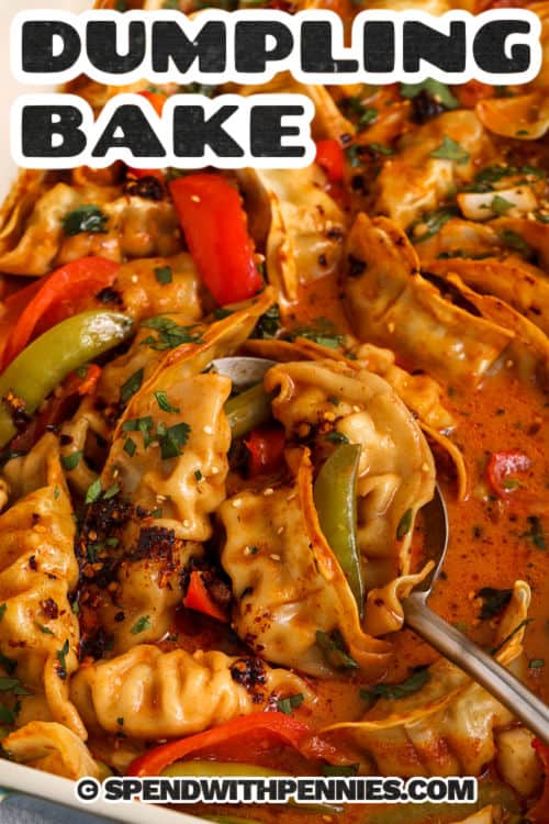 taking a spoonful of Dumpling Bake out of the dish with a title