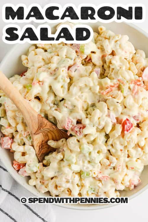 creamy Macaroni Salad in a bowl with a title