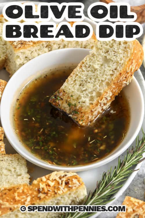 Make olive oil bread dip in one jar for a quick appetizer that pairs perfectly with crusty bread. This easy bread dipping oil uses balsamic vinegar or balsamic glaze, minced garlic, parsley, Italian seasoning, salt, and pepper. Let it rest so the flavors blend, then shake again and serve in a wide dish so every dip catches the herbs and garlic. #spendwithpennies dipping bread in Olive Oil Bread Dip with a title