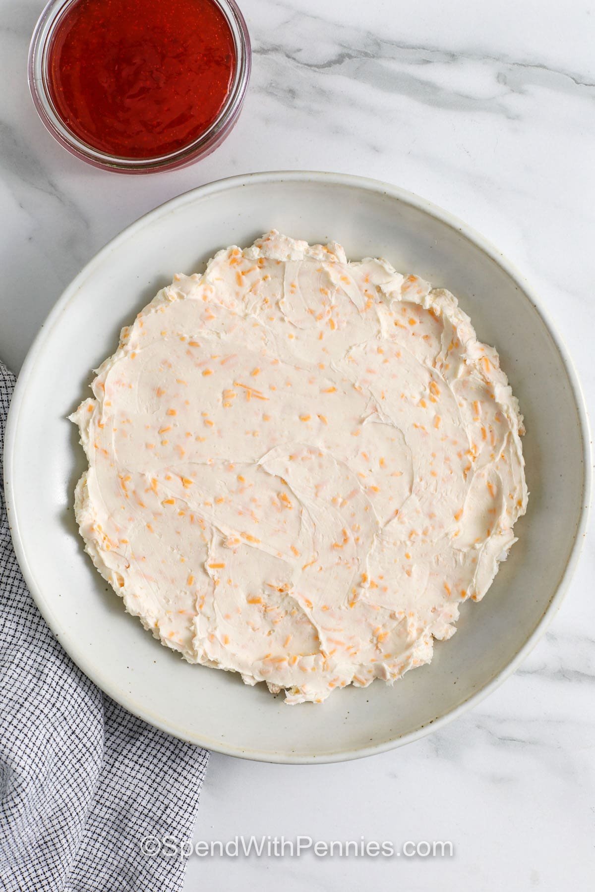 bottom layer of pepper jelly cheese dip