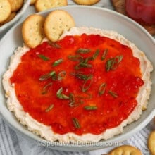 pepper jelly cheese dip with crackers in a gray bowl