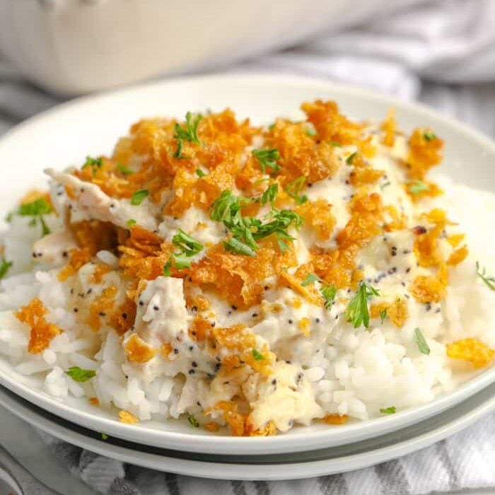 close up of Poppy Seed Chicken on a plate