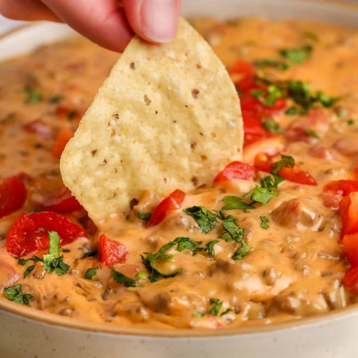 dipping a chip in Rotel Dip
