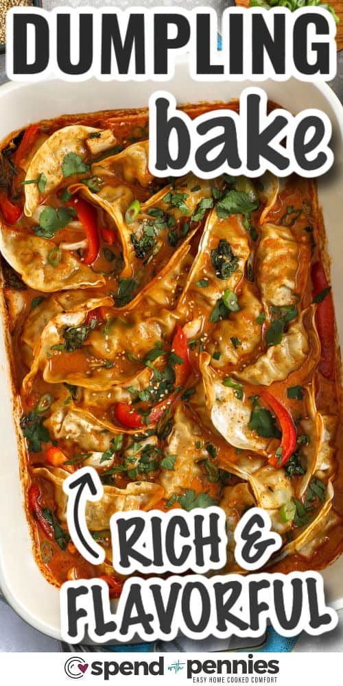 rich and flavorful Dumpling Bake with writing