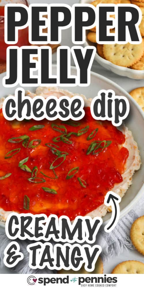 pepper jelly cheese dip in a grey bowl with writing