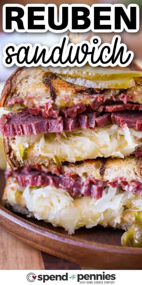 close up of Reuben Sandwich with a title