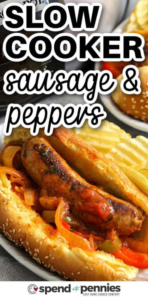 close up of plated Slow Cooker Sausage and Peppers with writing