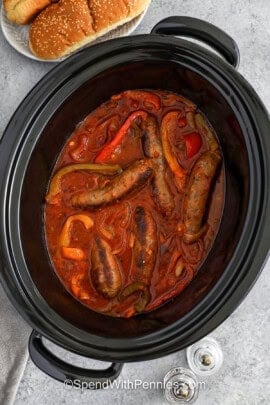 Slow Cooker Sausage and Peppers in a slow cooker