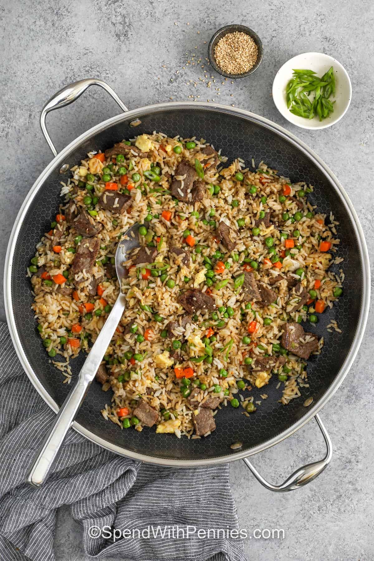 pan of Steak Fried Rice with a spoon