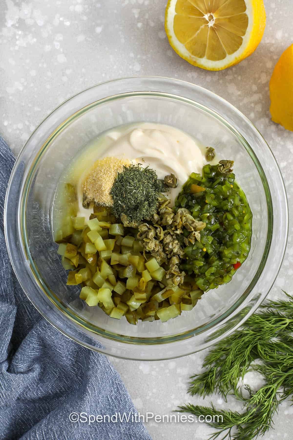 adding ingredients to bowl to make Tartar Sauce Recipe