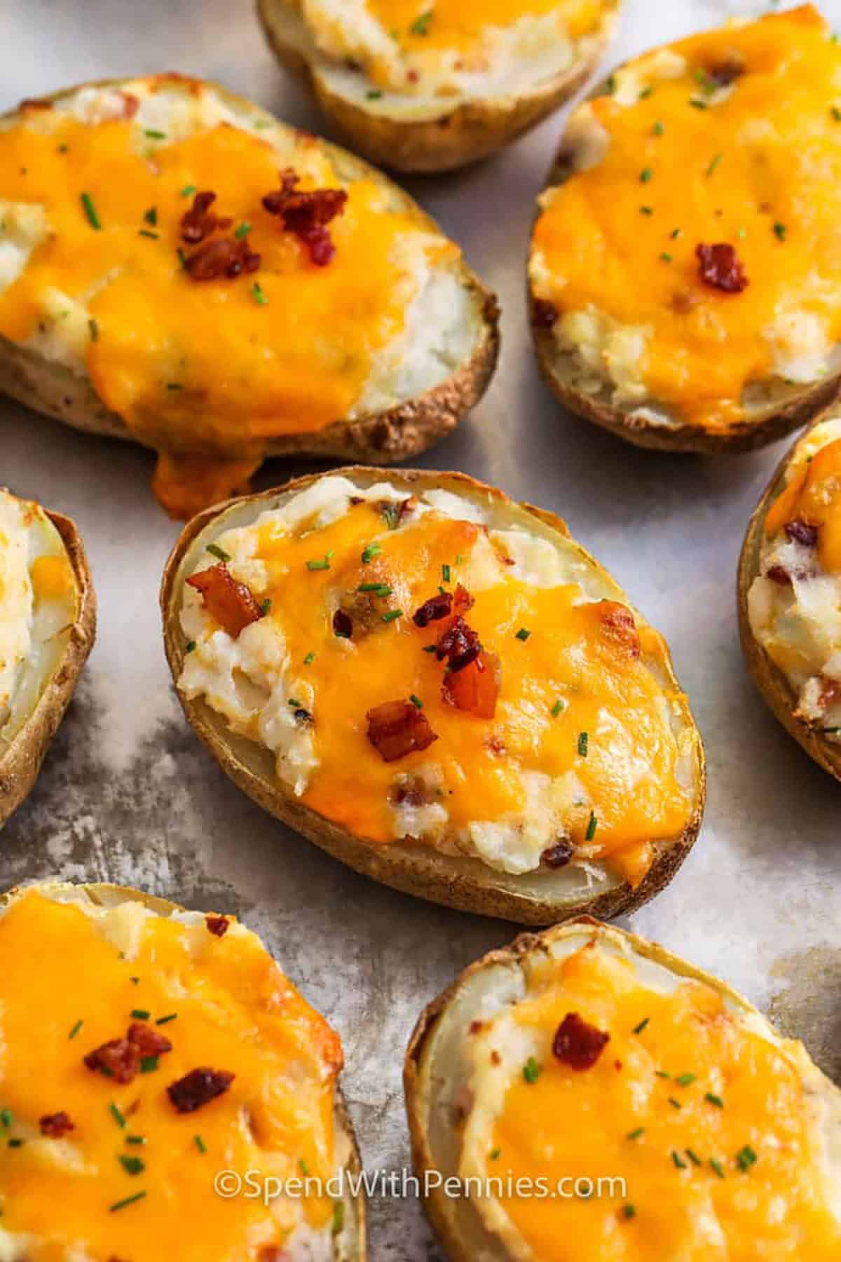 sheet pan of flavorful Twice Baked Potatoes