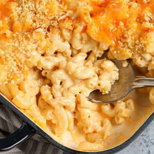 close up of creamy Baked Mac and Cheese Recipe